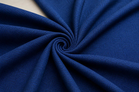 A close-up of deep blue textured fabric arranged in a spiral drape, showing the material's weave and color.