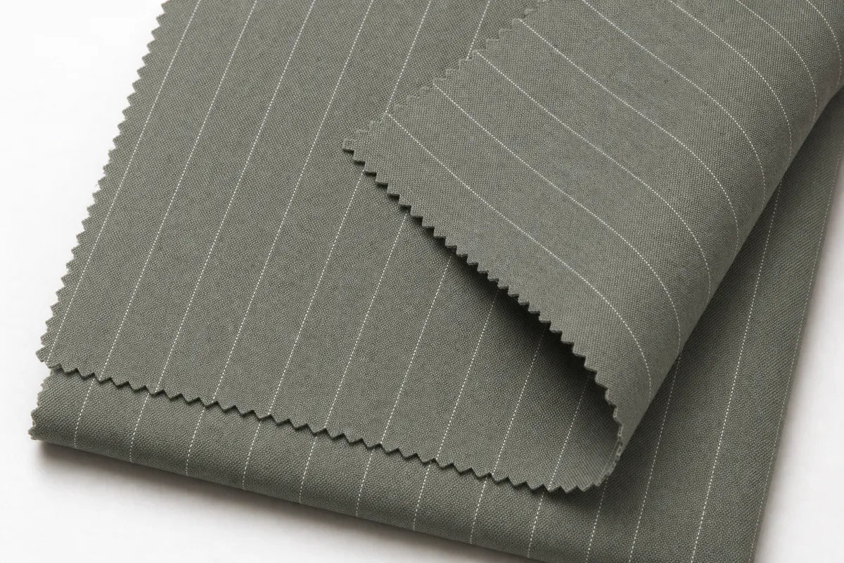 A folded piece of gray fabric with thin white pinstripes, shown on a clean white background.