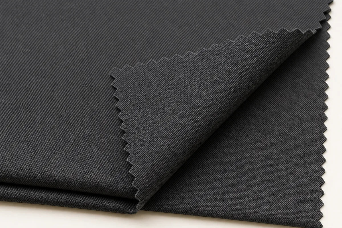 A close-up of folded black fabric with serrated edges, showing a fine twill texture, on a light neutral background.